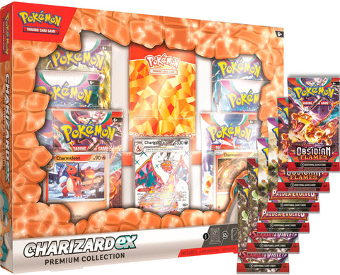 Frontansicht einer Charizard ex Premium Collection des Pokémon TCG mit einer Auflistung der enthaltenen Booster