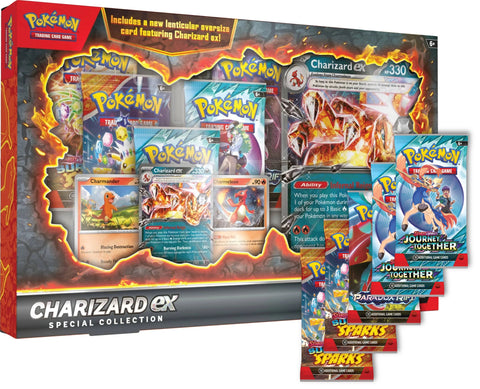 Frontansicht einer Charizard ex Special Collection des Pokémon TCG mit einer Auflistung der enthaltenen Bosster
