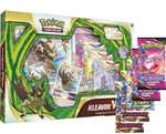 Frontansicht einer Kleavor VSTAR Premium Collection des Pokémon TCG mit einer Auflistung der enthaltenen Booster