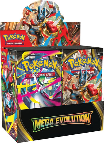 Frontansicht eines Booster Display der Pokémon TCG Erweiterung Mega Evolution