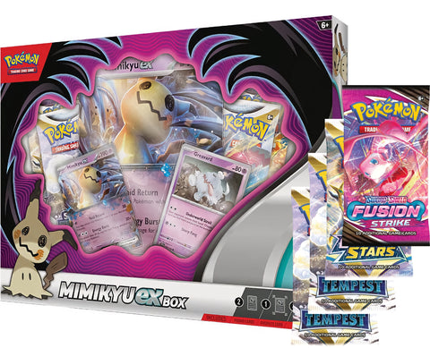 Frontansicht einer Mimikyu ex Box des Pokémon TCG mit einer Auflistung der enthaltenen Booster