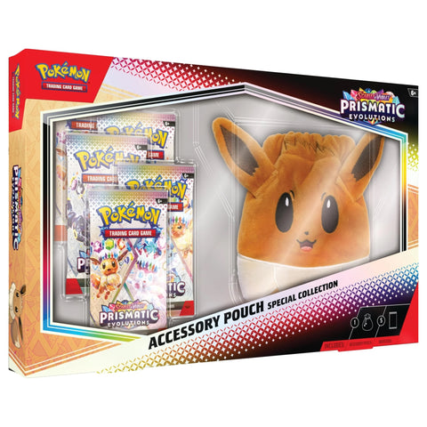 Frontansicht einer Prismatic Evolutions Accessory Pounch Collection des Pokémon TCG